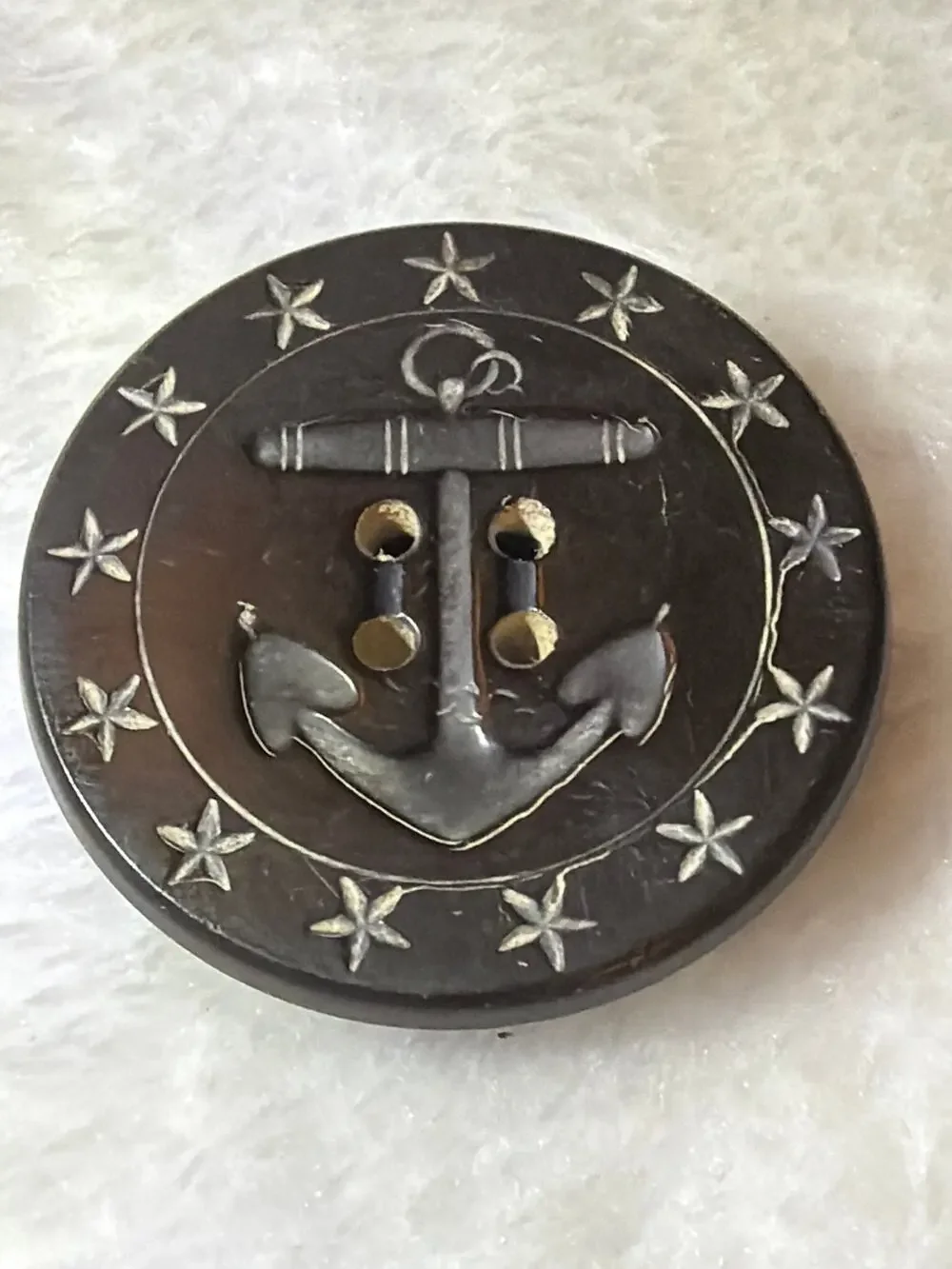 Vintage Black Anchor Nautical Button Metal Inlay Stars A W R Co Military Style